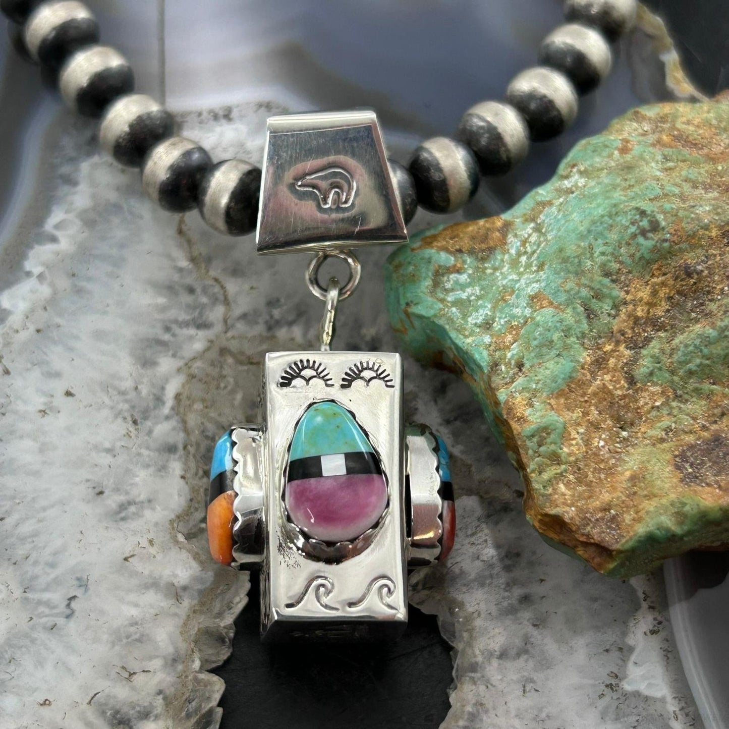 Cliffton Aguilar Santo Domingo Sterling Silver Decorated Multistone Rectangular Pendant