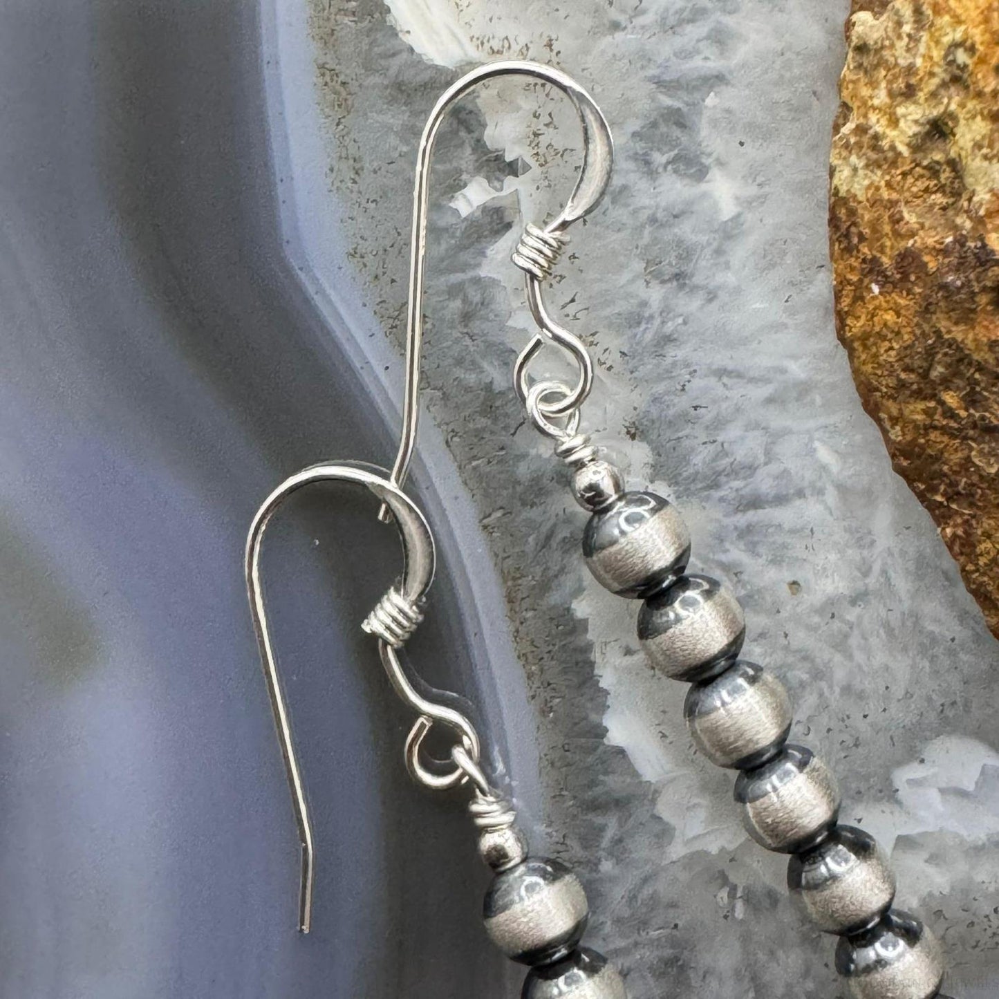 Native American Sterling Silver #8 Navajo Pearl Beads Row Dangle Earrings For Women