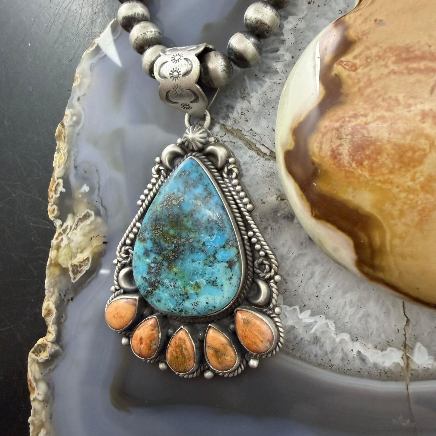 Sterling Silver Southwestern Style Teardrop Turquoise & Spiny Oyster Pendant For Women