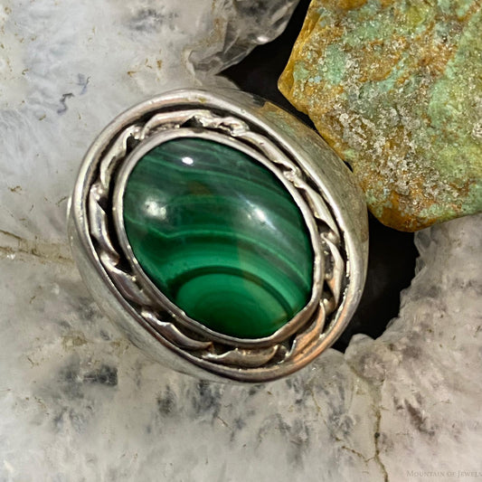 Vintage Native American Silver Oval Malachite Shield Ring Size 11 For Men