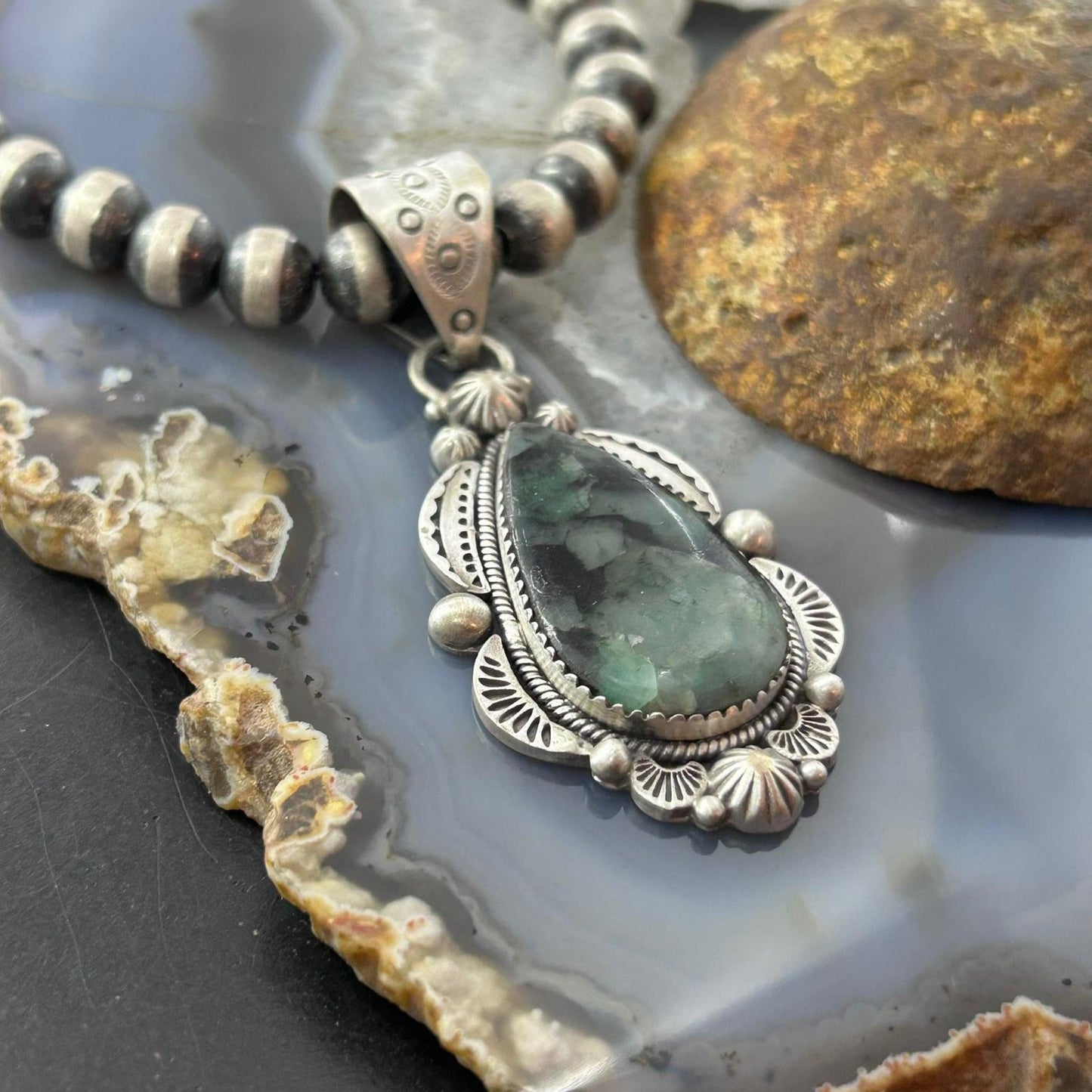 Sterling Silver Southwestern Style Teardrop Emerald Decorated Pendant For Women