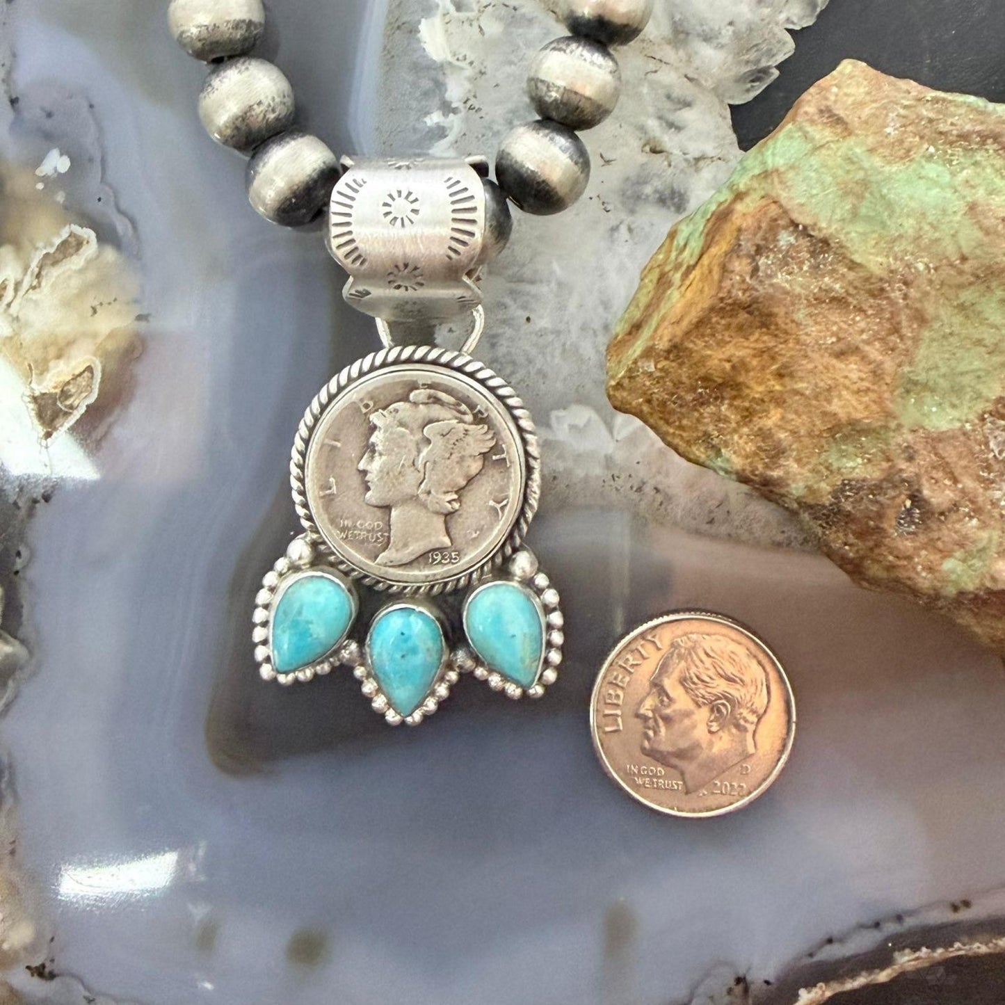 Genuine 1935 Silver 90% Silver Mercury Dime Coin Mohave Turquoise Unisex Sterling Silver Pendant