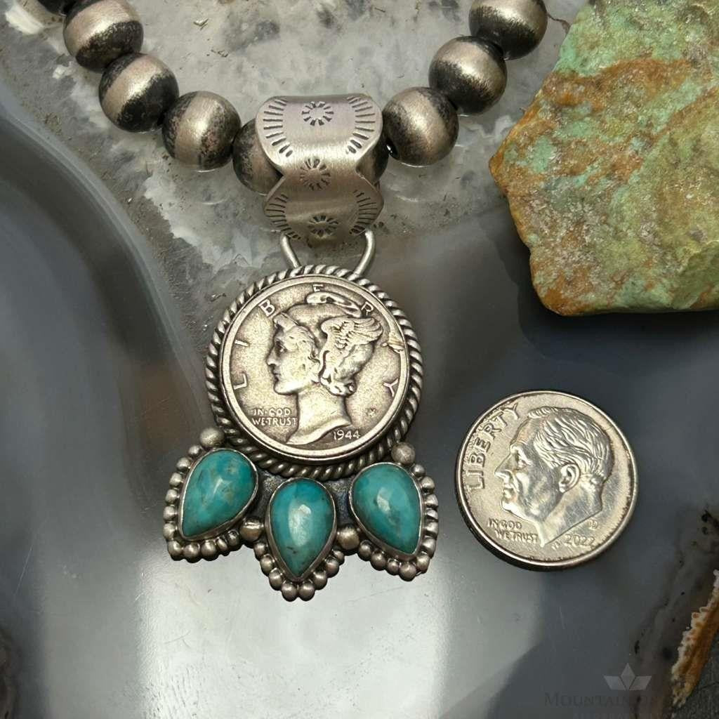 Genuine 1944 90% Silver Mercury Dime Coin Teardrop Mohave Turquoise Unisex Pendant