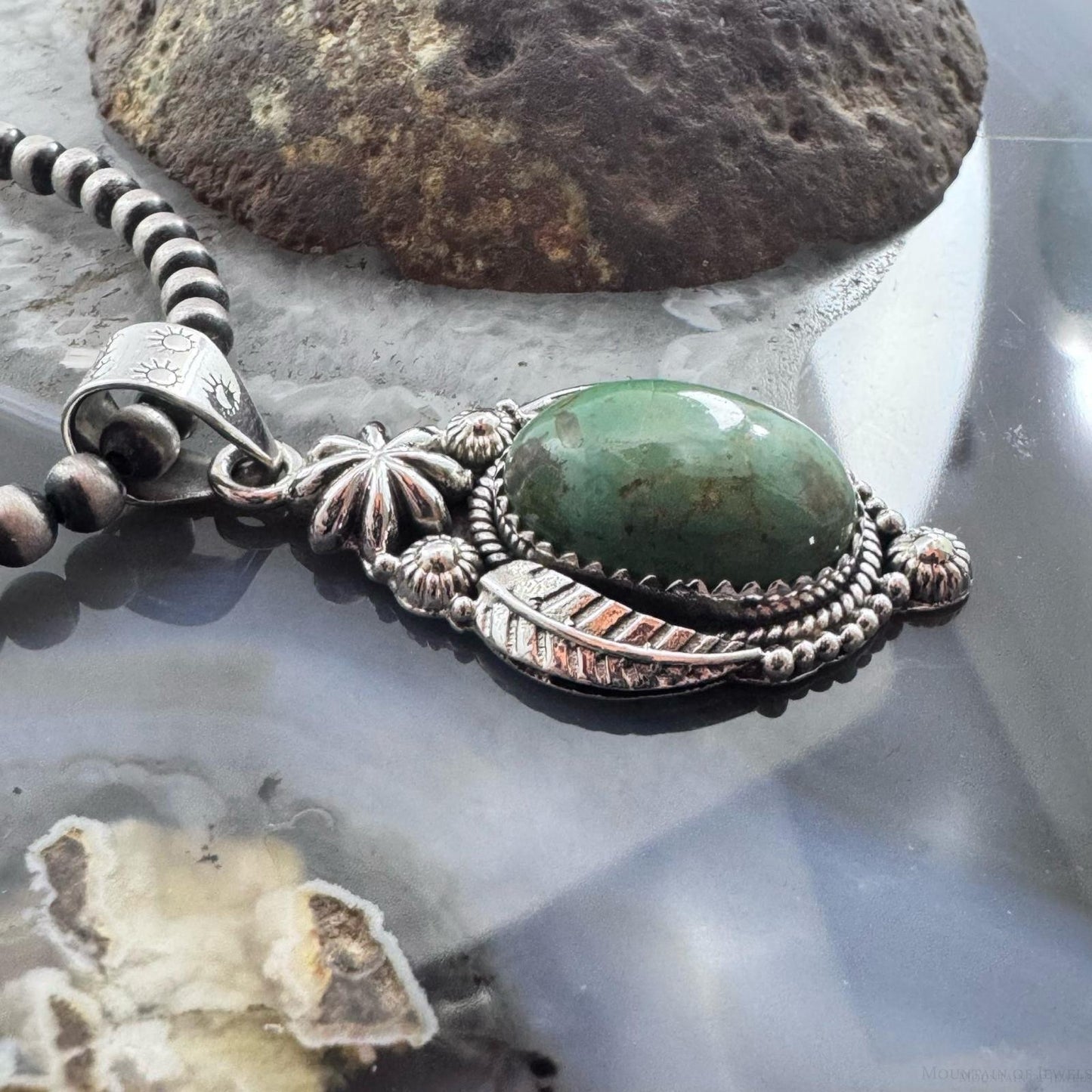 Sterling Silver Southwestern Style Oval Turquoise Leaves Decorated Pendant For Women