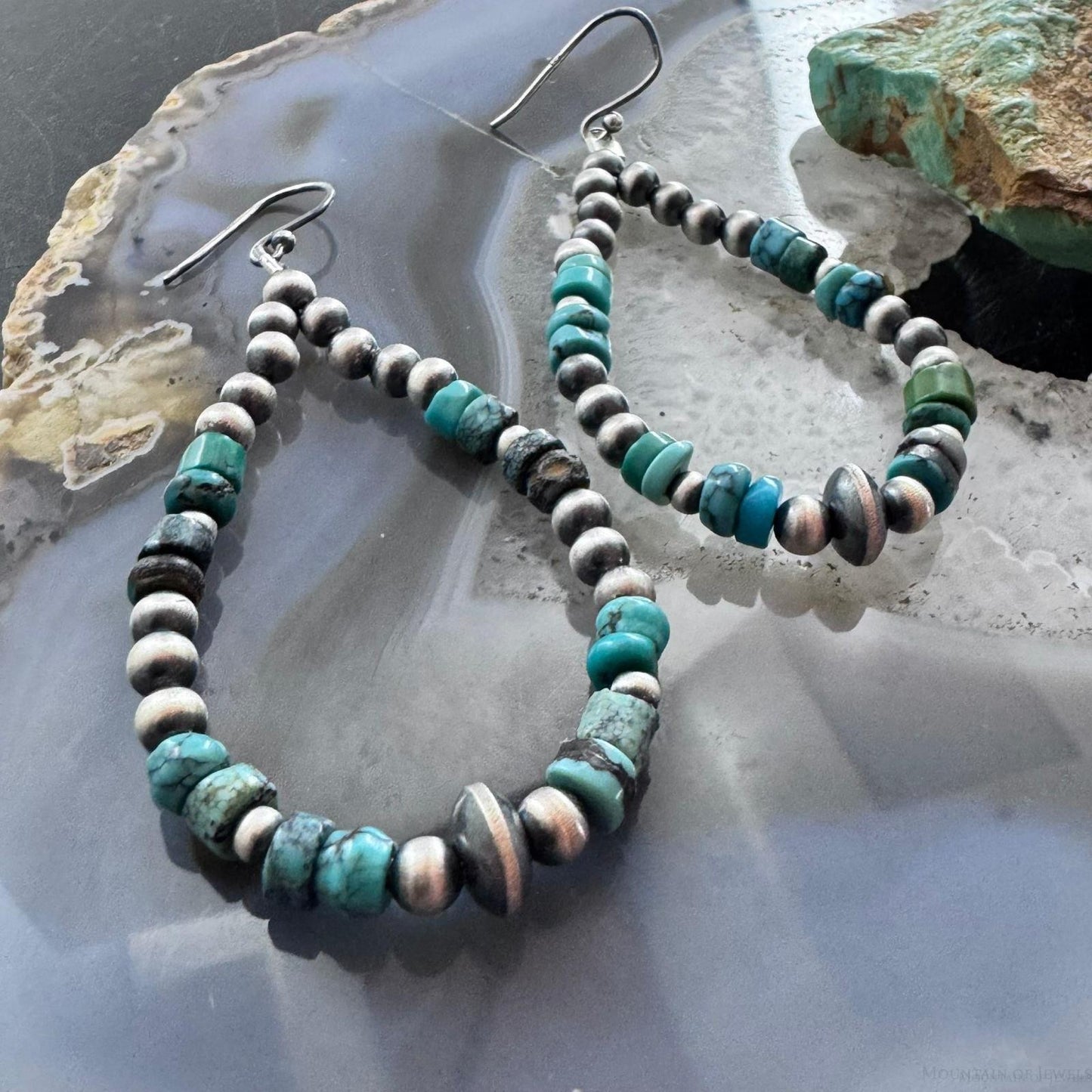 Sterling Silver Southwestern Style Navajo Pearl & Turquoise Bead Hoop Earrings For Women