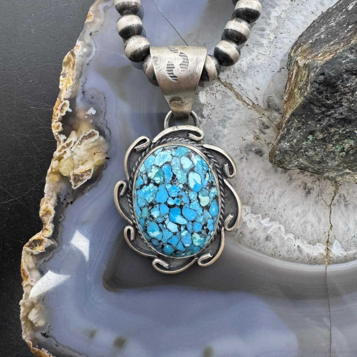 Gilbert Nez Native American Sterling Silver Composite Kingman Turquoise Pendant For Women
