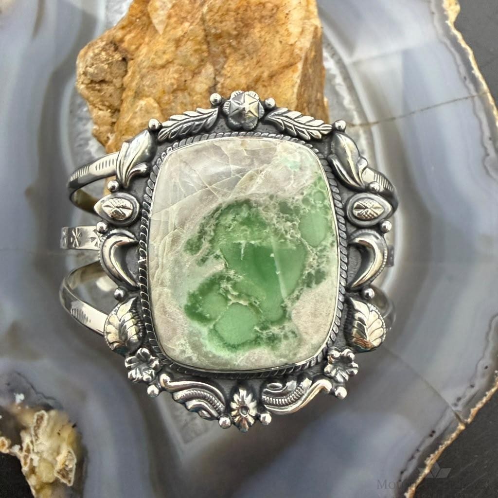 Sterling Silver Southwestern Style Square Variscite Decorated Bracelet For Women