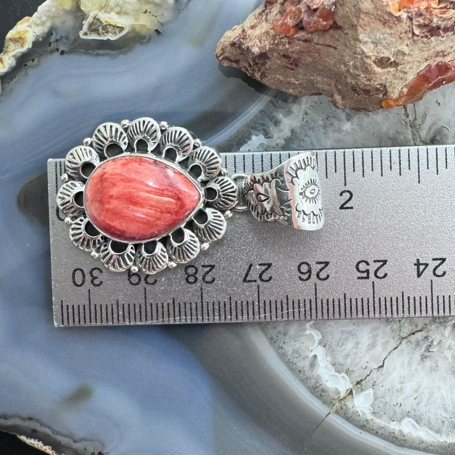 Native American Sterling Silver Teardrop Orange Spiny Oyster Pendant For Women