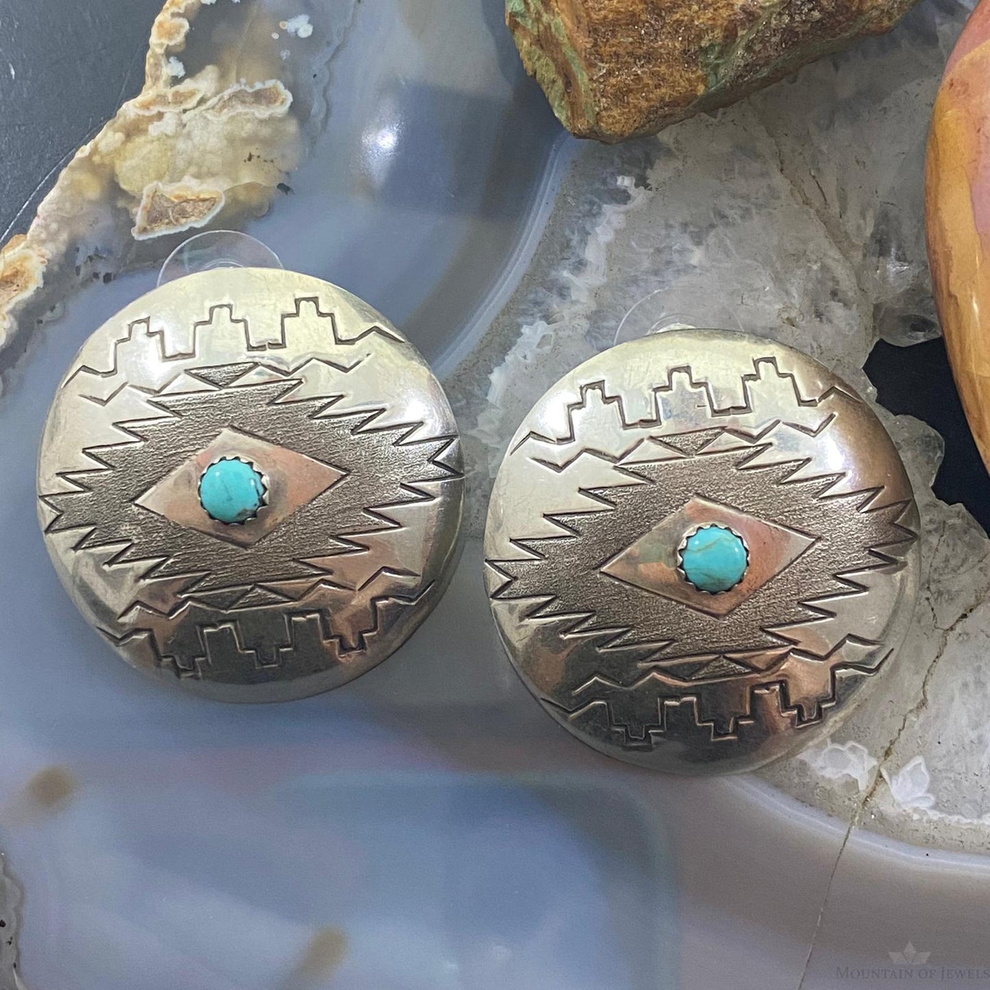 Vintage Native American Sterling Stamped Round Turquoise Stud Earrings For Women