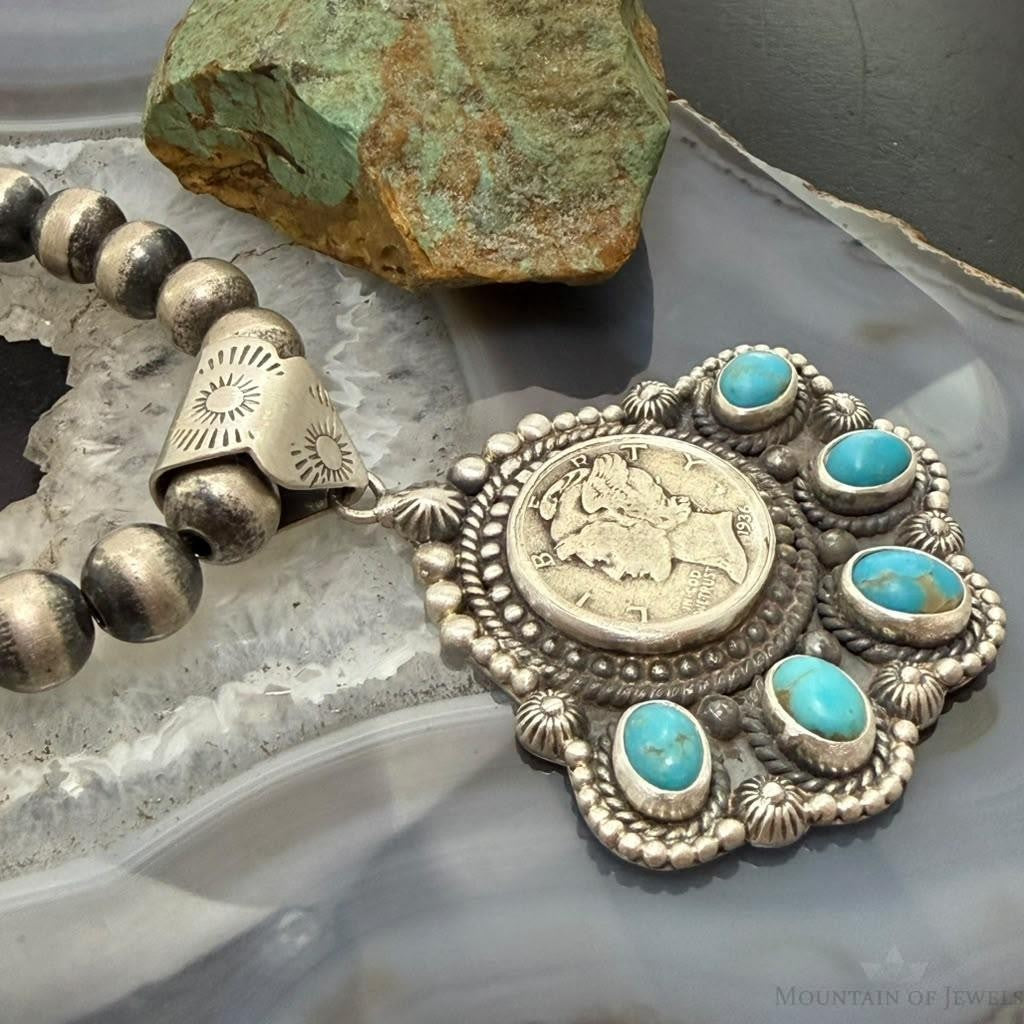 Sterling Silver Southwestern Style 1936 Mercury Dime & Kingman Turquoise Pendant