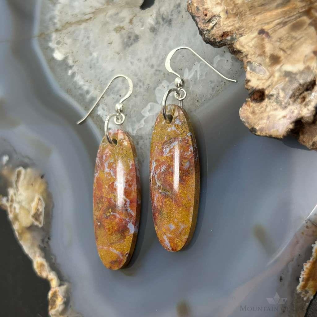 Sterling Silver Oval Plum Moss Agate Slab Dangle Earrings For Women #517