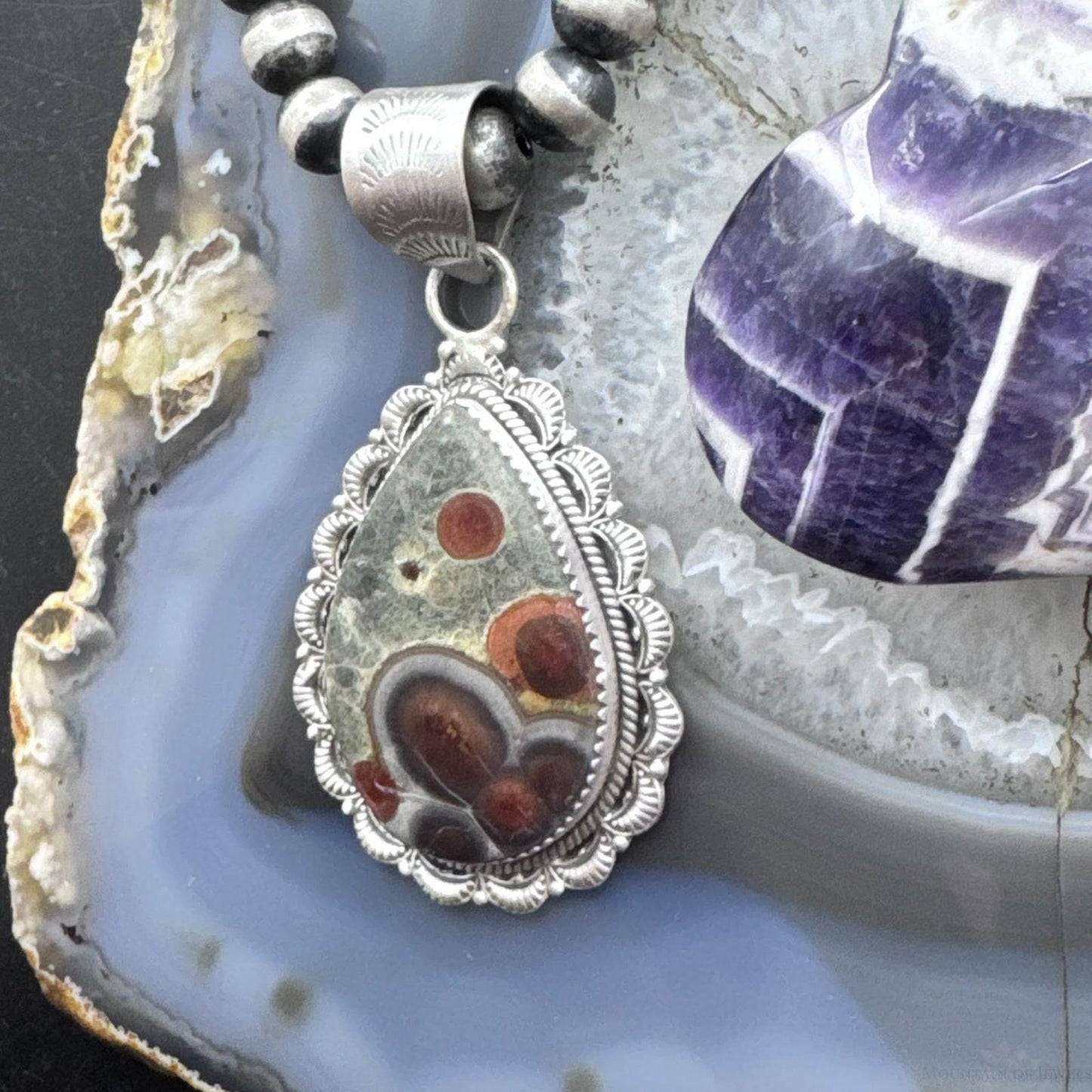 Sterling Silver Southwestern Style Teardrop Peanut Obsidian Decorated Pendant For Women