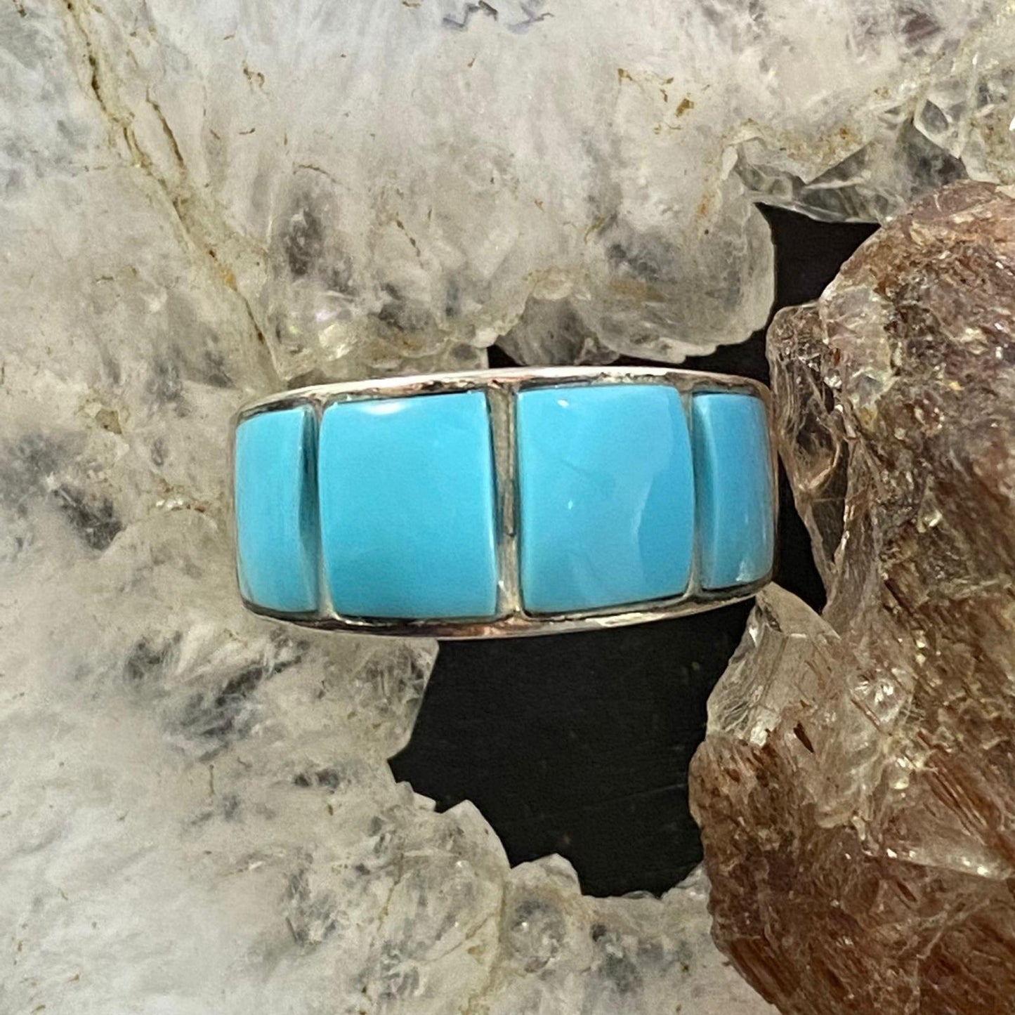 Native American Sterling Silver Blue Ridge Turquoise Graduated Band Ring Sz 8.5