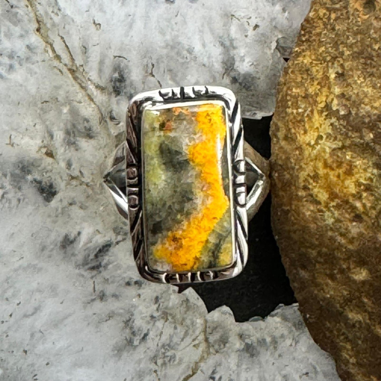 Native American Sterling Silver Bumblebee Jasper Bar Ring Size 5.25 For Women