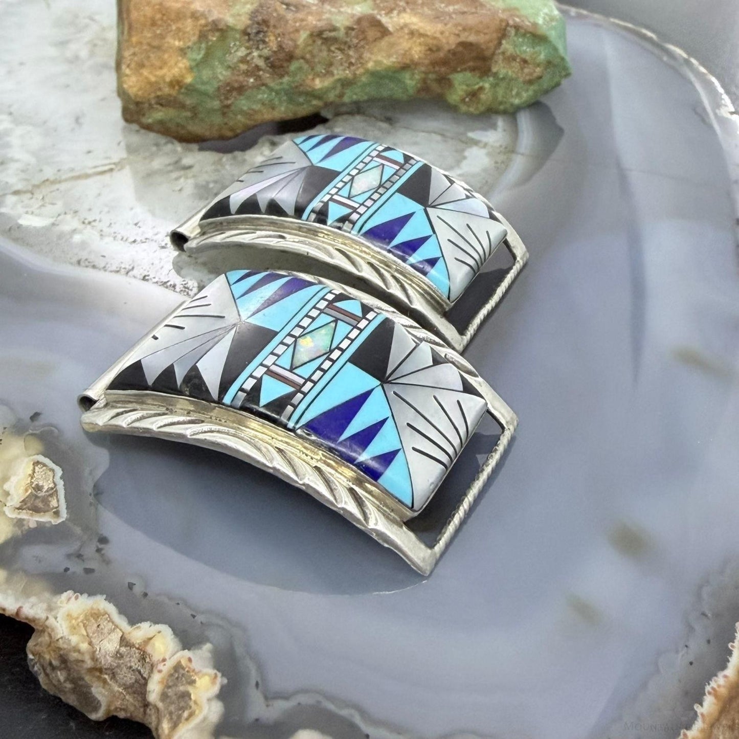 Native American Vintage Sterling Silver Multi Gemstone Inaly Watch Band Tips