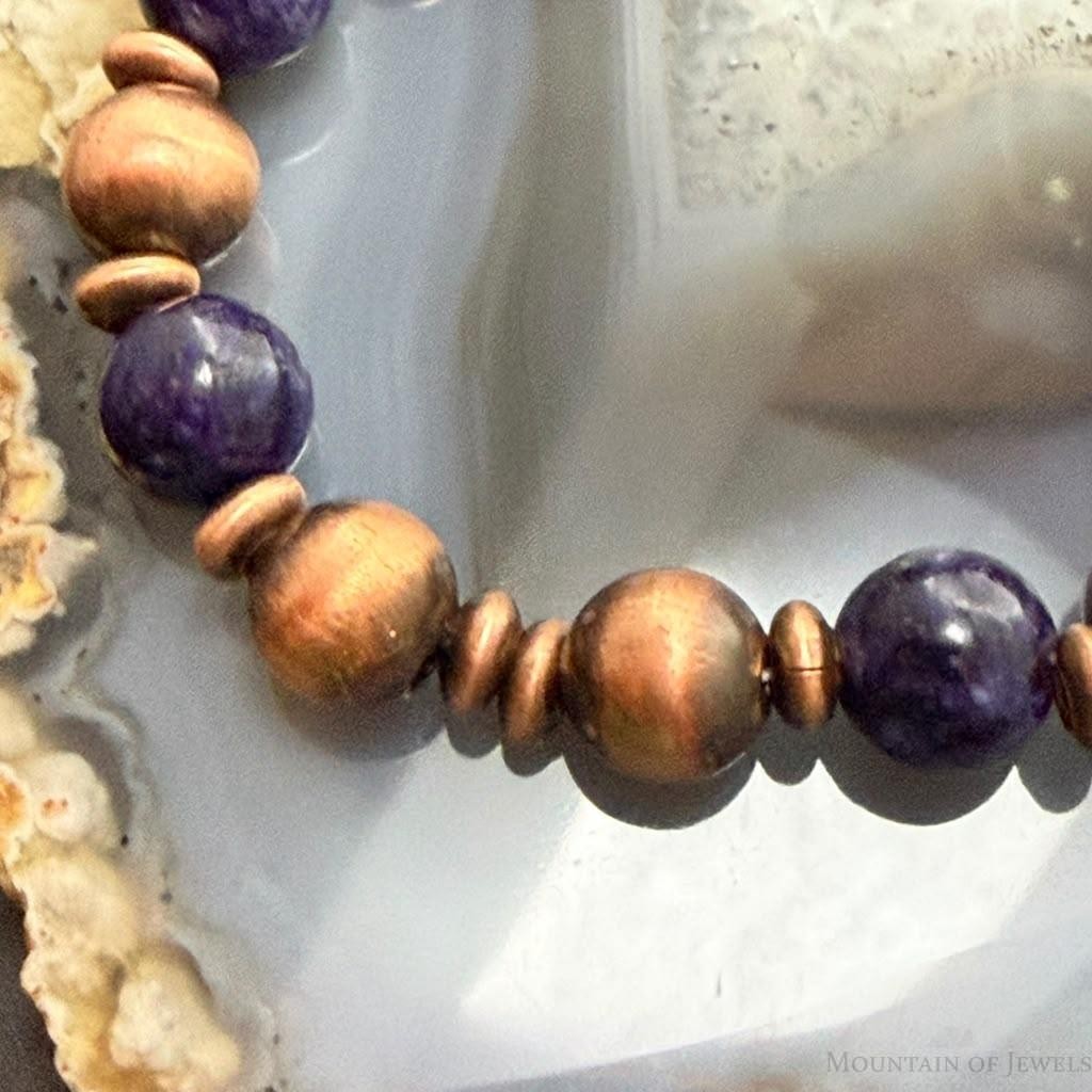 Southwestern Style Copper 10mm Navajo Pearl Beads&10mm Charoite Stretch Bracelet For Women