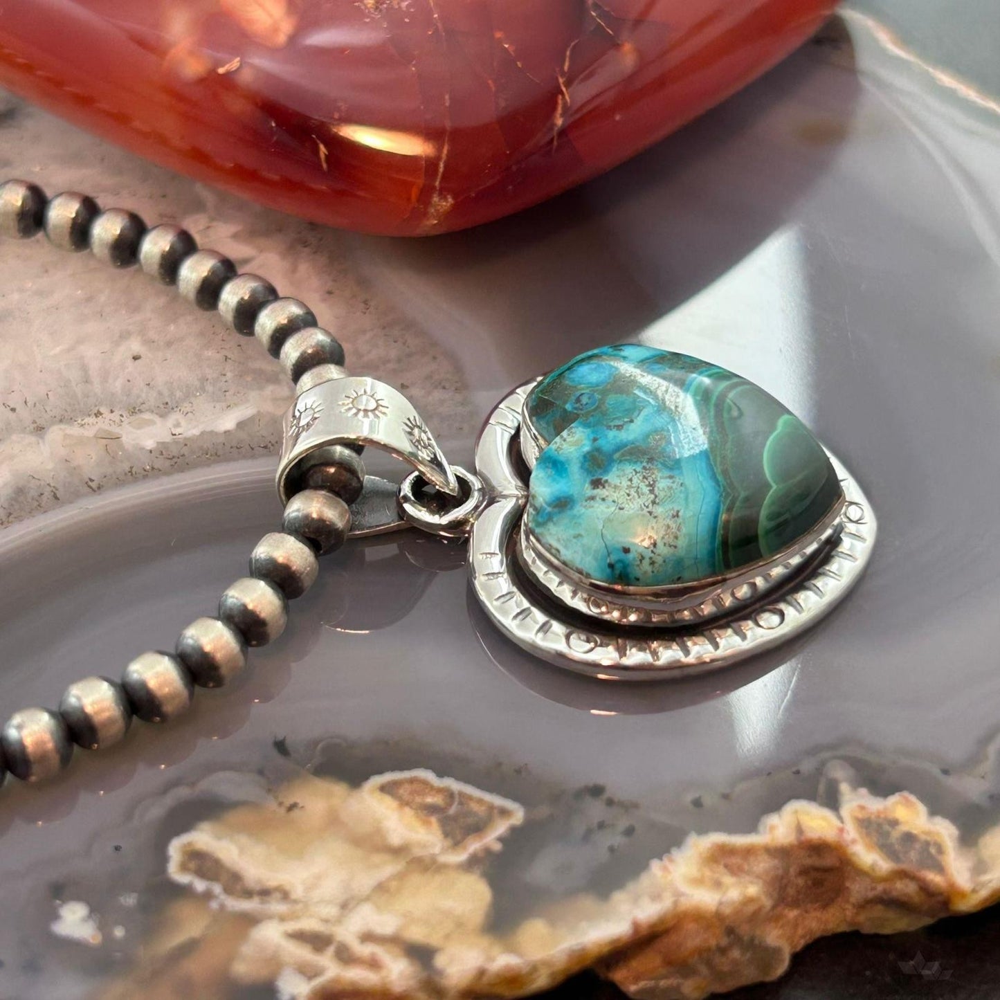 Sterling Silver Southwestern Style Azurite Malachite Decorated Heart Pendant For Women