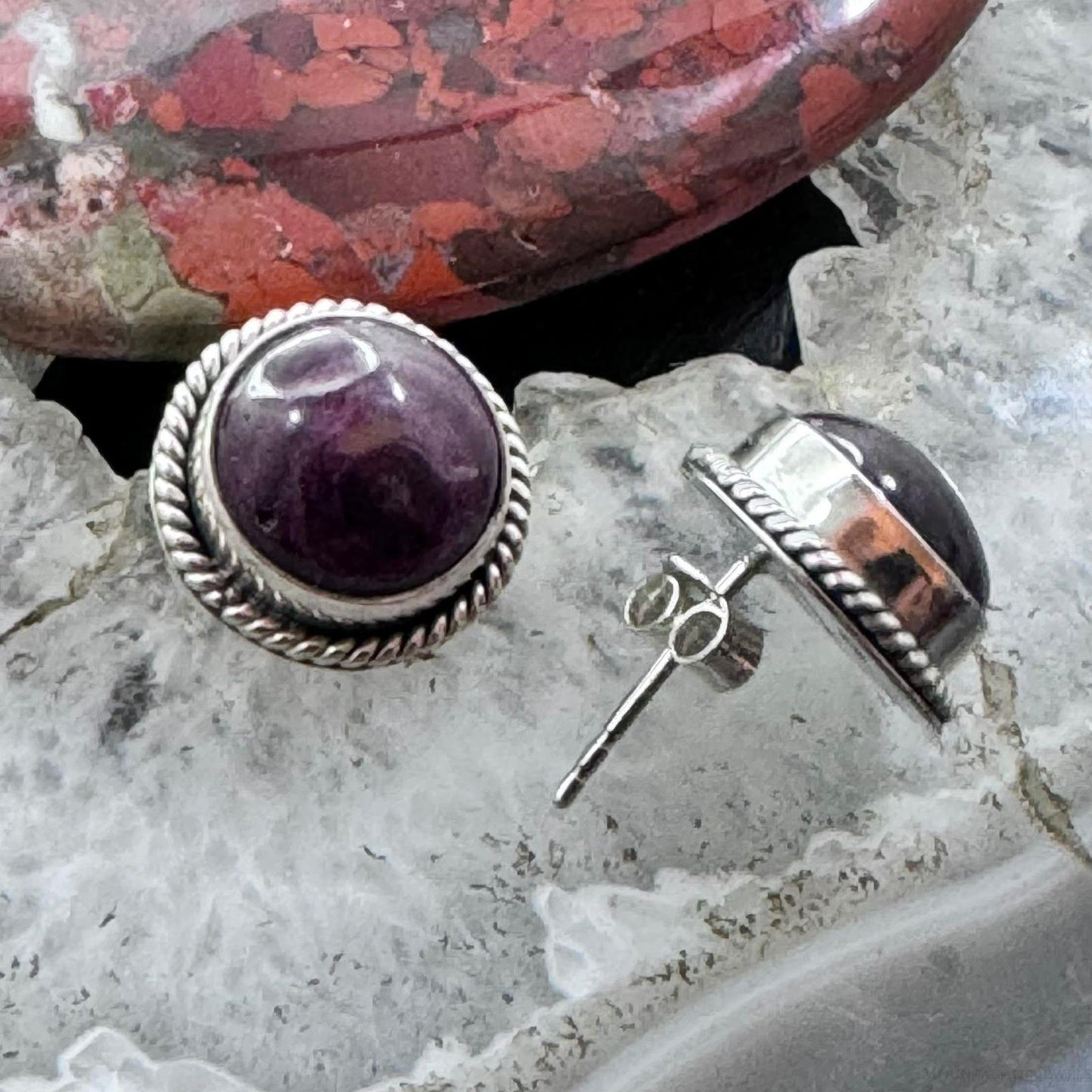 Native American Sterling Silver Round Purple Spiny Oyster Stud Earrings For Women