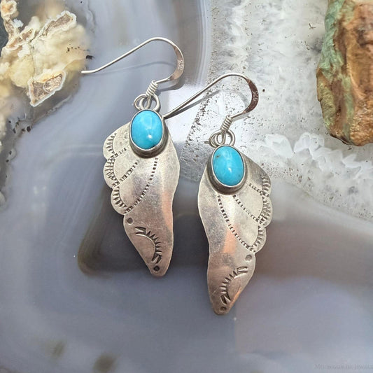 Sterling Silver Native American Turquoise Stamped Feather Dangle Earrings For Women