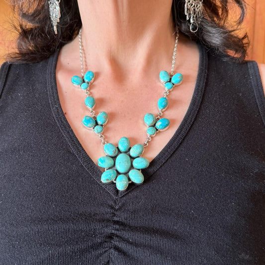 Sterling Silver Southwestern Style Royston Turquoise Cluster 18" Necklace For Women