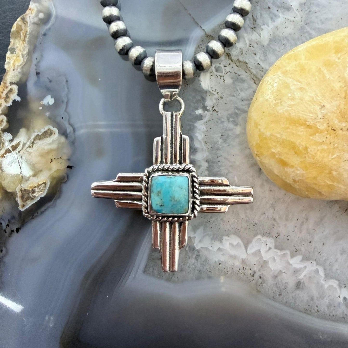 Sterling Silver Southwestern Style Square Mohave Turquoise Unisex Zia Pendant