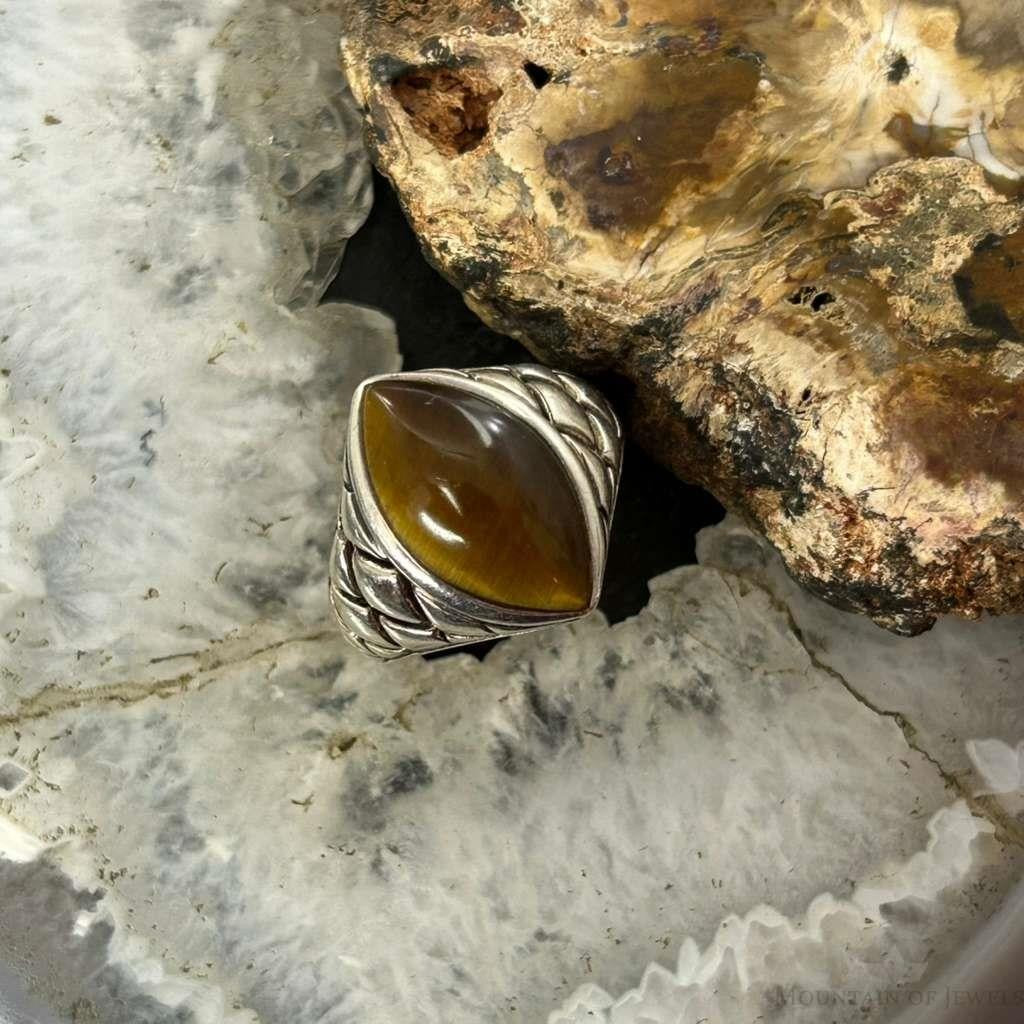 Sterling Silver marquise Tiger's Eye Decorated Fashion Ring Size 7 For Women