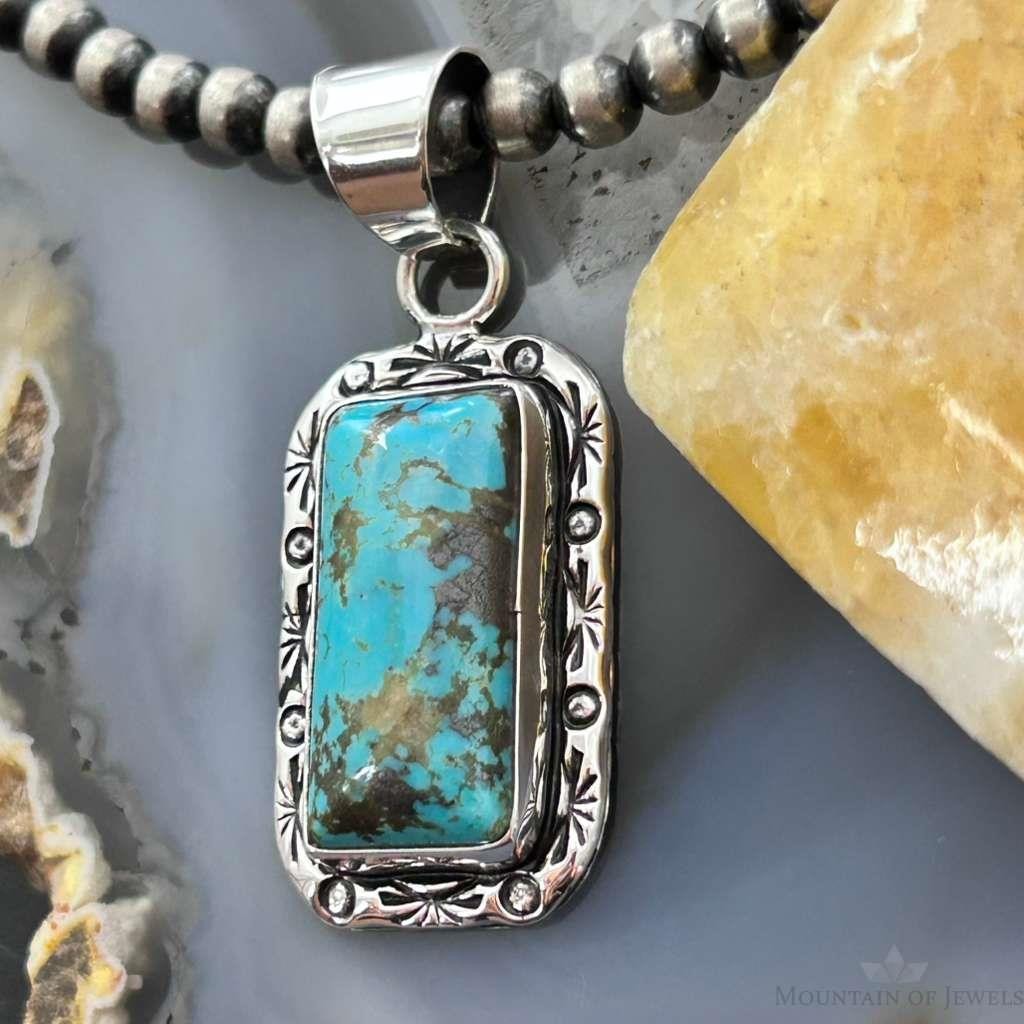 Native American Sterling Silver Rectangle Turquoise Decorated Pendant For Women