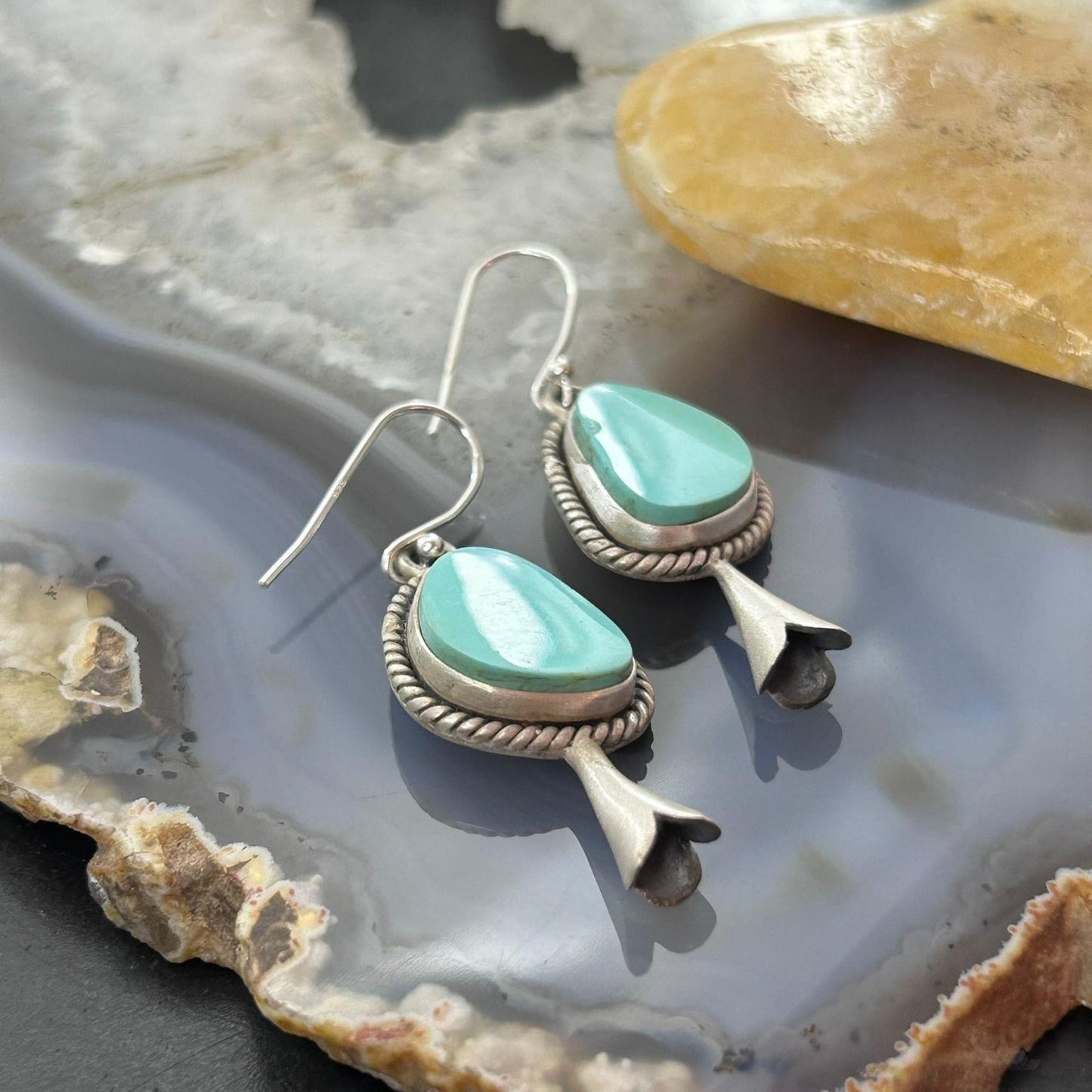 Sterling Silver Southwestern Style Turquoise Squash Blossom Dangle Earrings For Women #3
