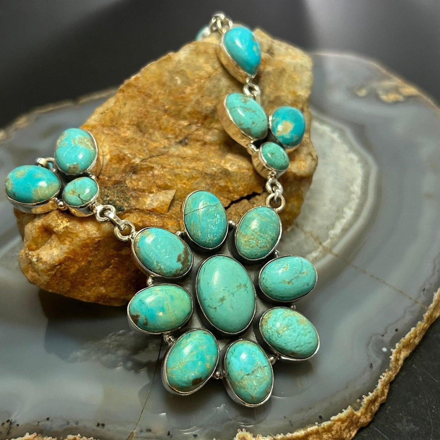 Sterling Silver Southwestern Style Royston Turquoise Cluster 18" Necklace For Women