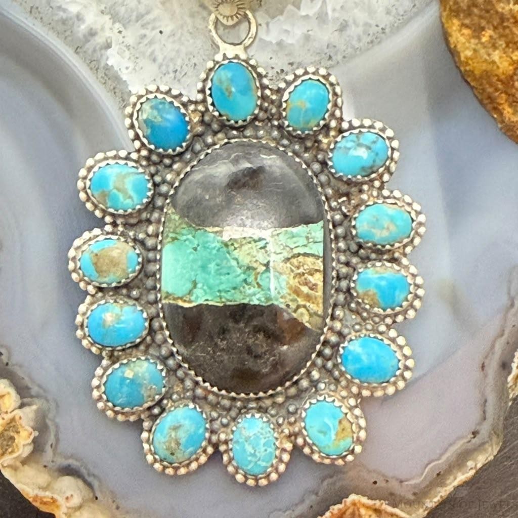 Sterling Silver Southwestern Style Oval Blackjack Turquoise Cluster Pendant For Women