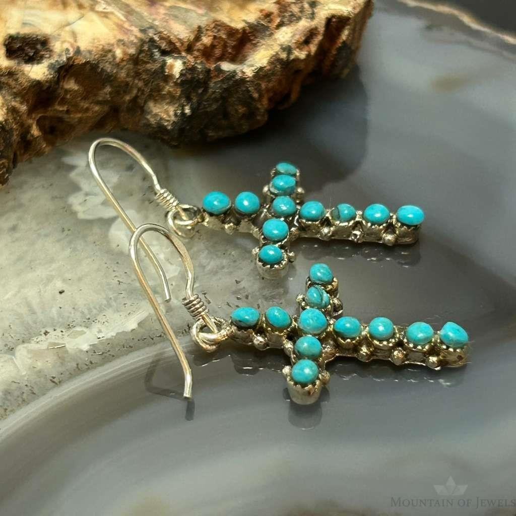 Sterling Silver Southwestern Style Turquoise Cross Dangle Earrings For Women