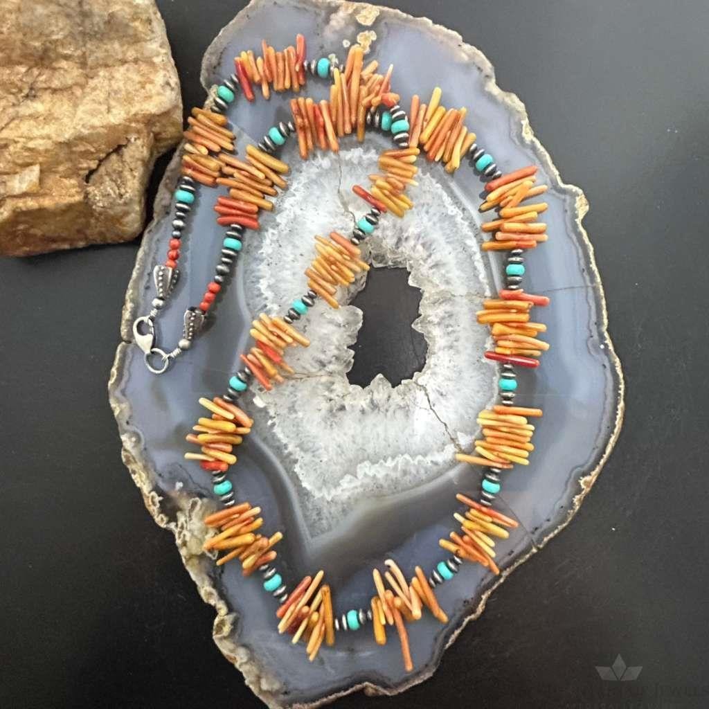 Native American Natural Coral, Turquoise Beads 24" Necklace For Women