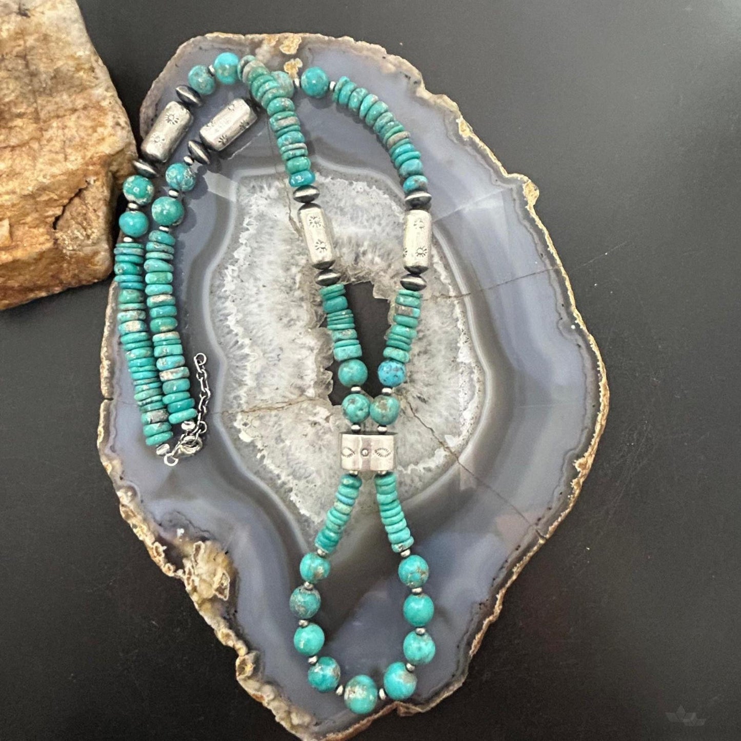 Sterling Silver Southwestern Style Turquoise Beads & Sterling Beads 26"-28" Necklace For Women