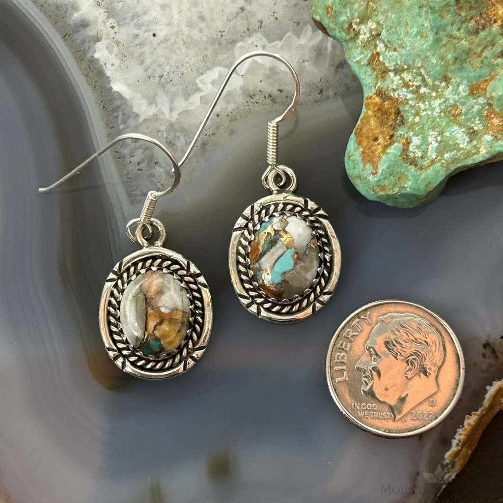 Sterling Silver Southwestern Style Spiny Oyster Turquoise Dangle Earrings For Women