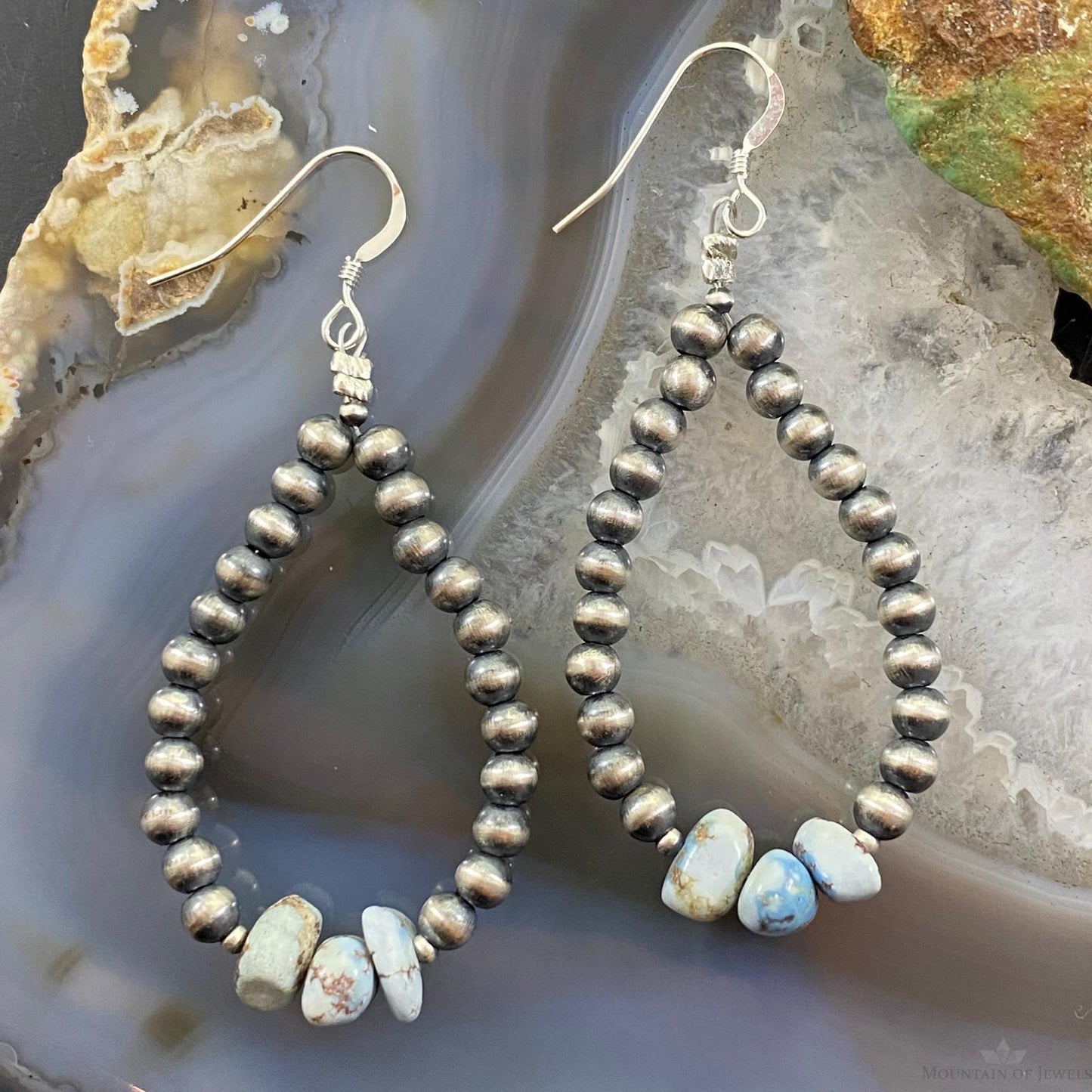 Navajo Pearl Bead & Chunky Turquoise Sterling Dangle Hoop Earrings For Women