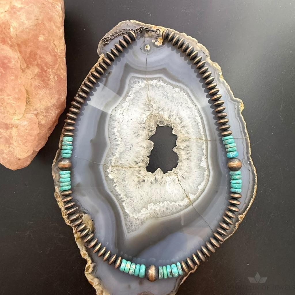 Southwestern Style 8-10mm Copper Navajo Pearl Round,Saucer & Turquoise Necklace For Women