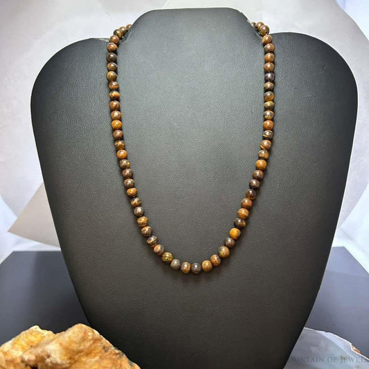 Sterling Silver 6mm Tiger's Eye Beads 16" Necklace For Women