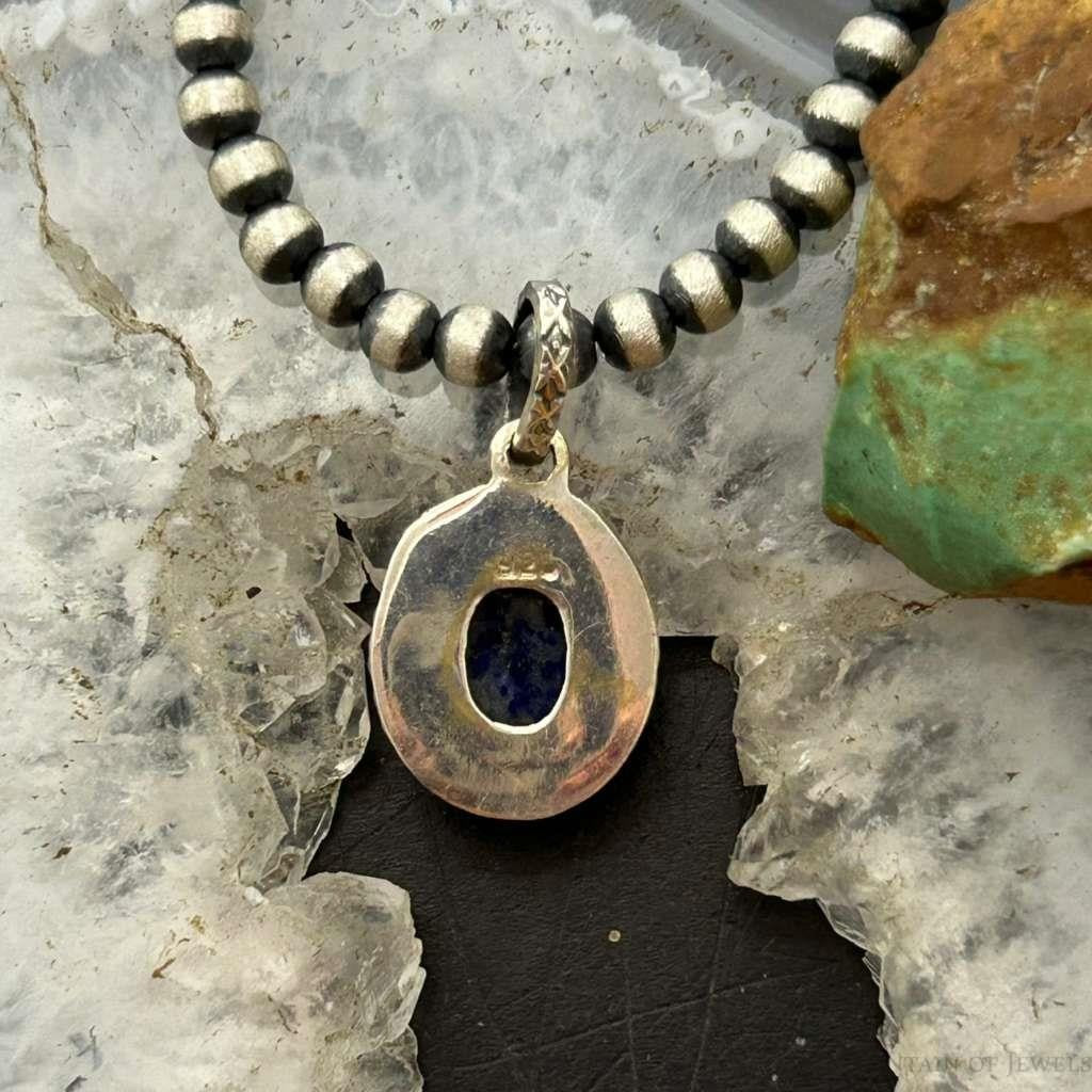 Sterling Silver Southwestern Style Oval Lapis Decorated Charm/Pendant For Women