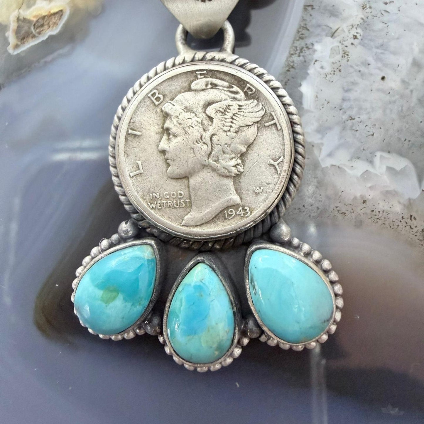 Genuine 1943 90% Silver Mercury Dime Coin w/Teardrop Turquoise Decorated Unisex Pendant