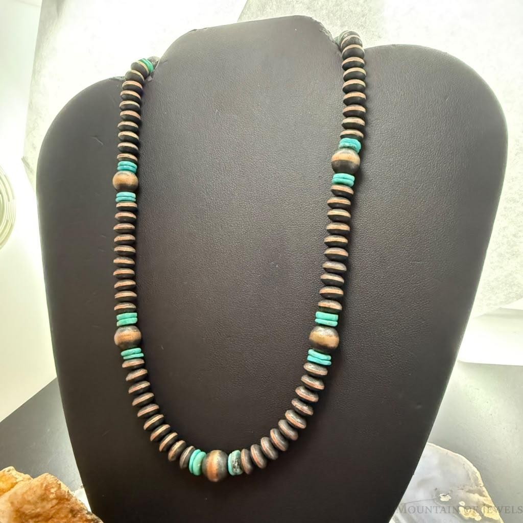 Southwestern Style Copper 8mm Navajo Pearl Saucer & Turquoise Disk Necklace For Women