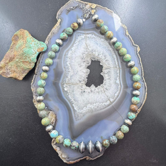 Sterling Silver Southwestern Style Green Turquoise/Navajo Pearl Bead 16"-18" Necklace For Women