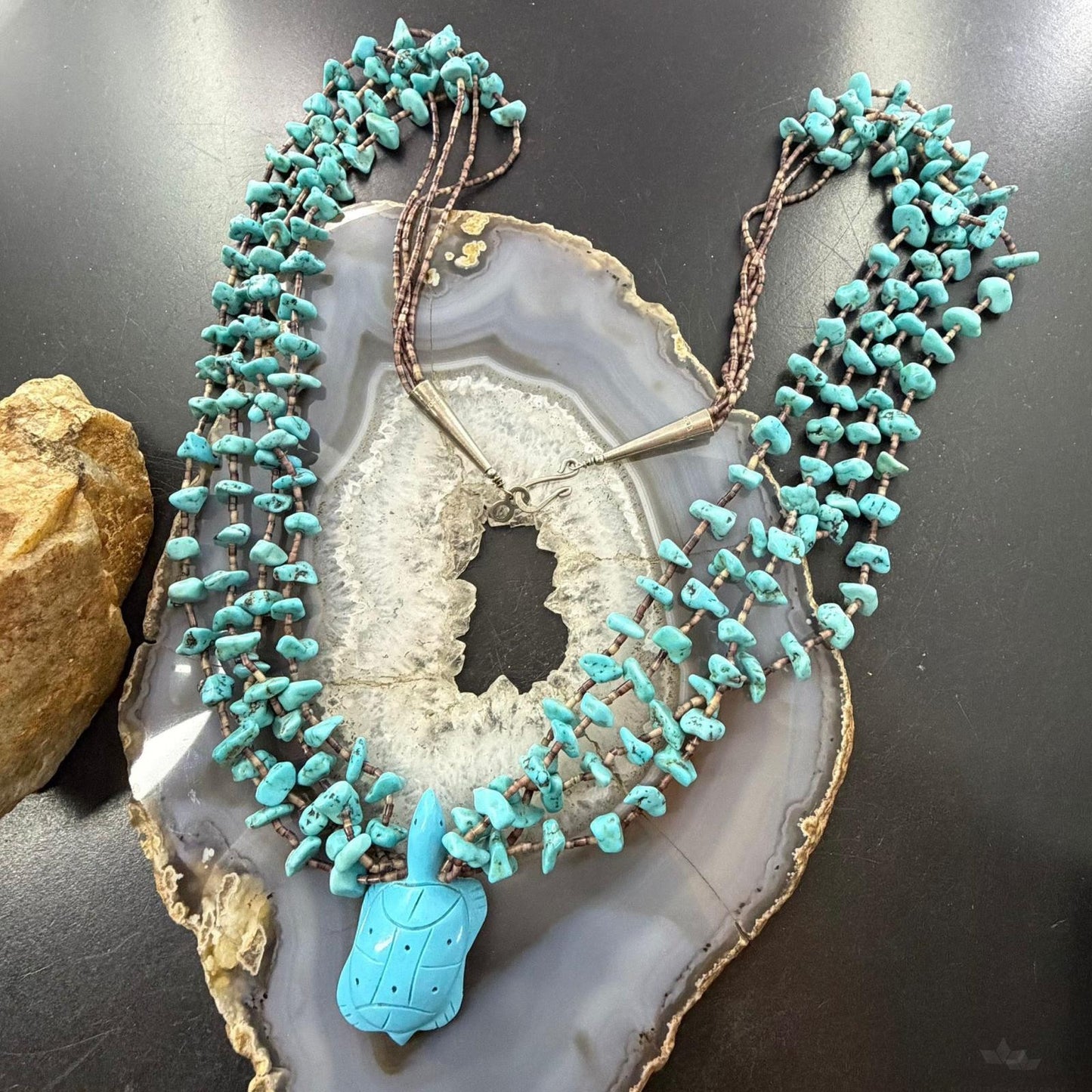 Vintage Native American 4 Starnds Turquoise & Brown Shell Beads w/Curved Turtle Necklace For Women