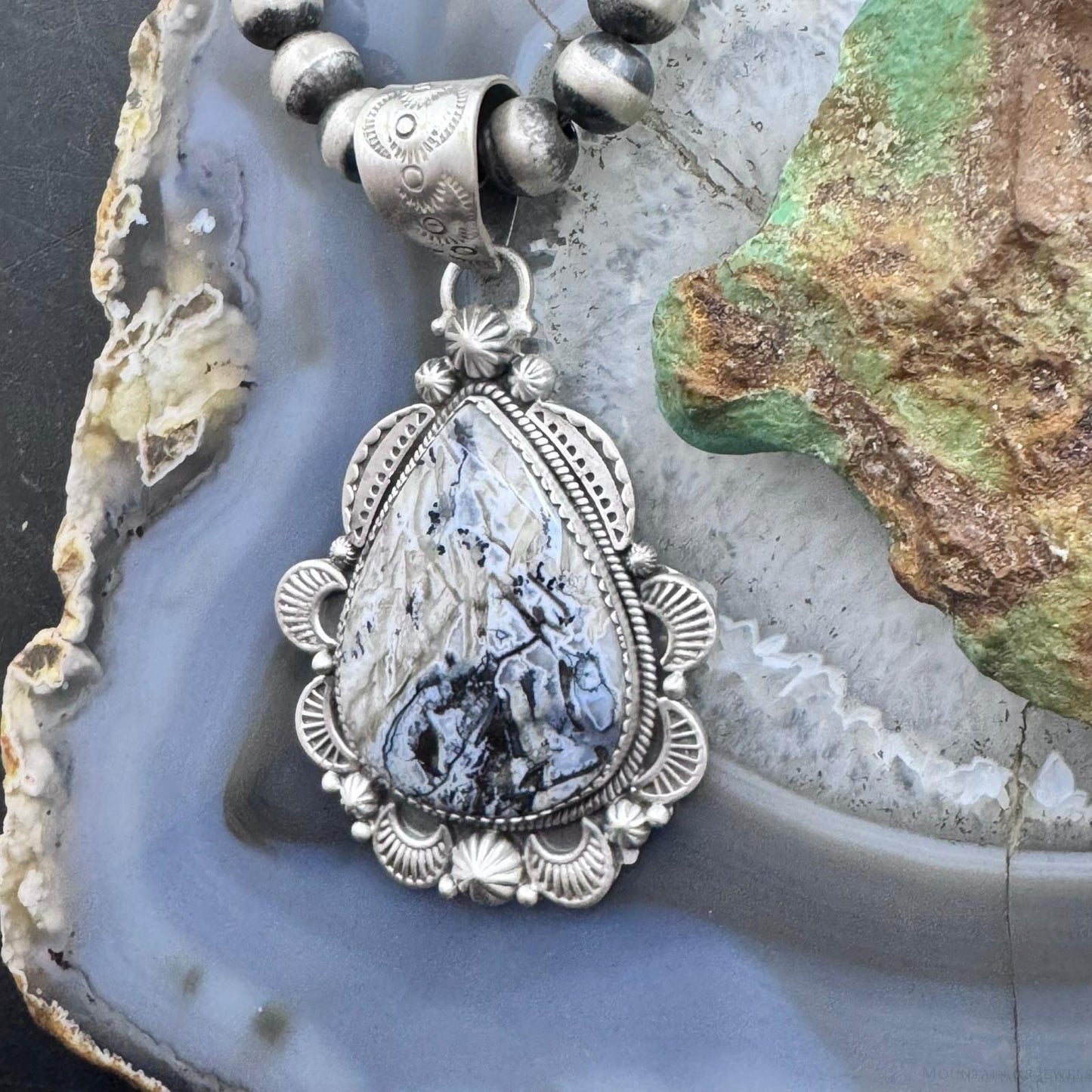 Sterling Silver Southwestern Style Wide Teardrop Dendritic Agate Decorated Pendant For Women