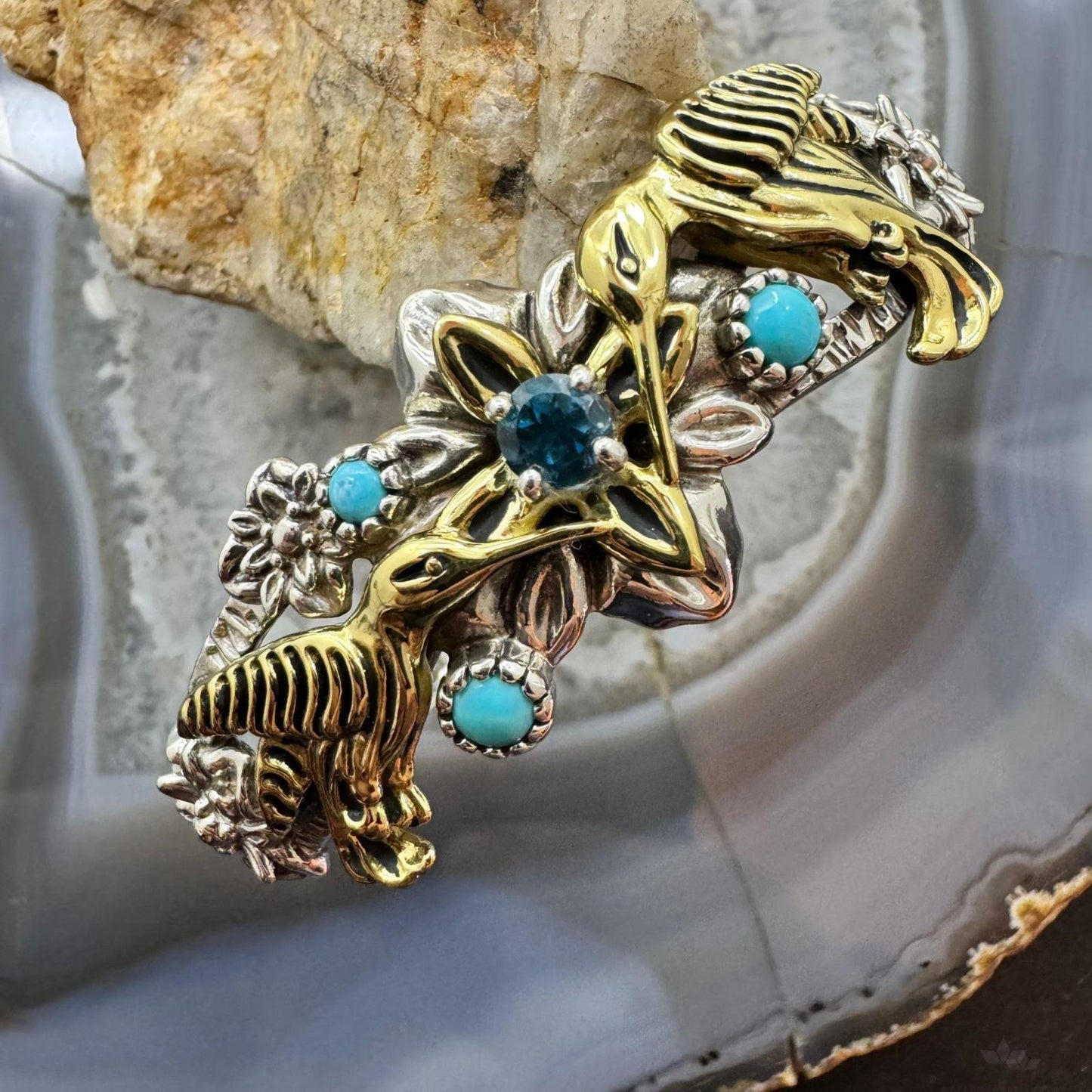 Carolyn Pollack Sterling Silver & Brass Turquoise & Blue Topaz Birds Bracelet For Women