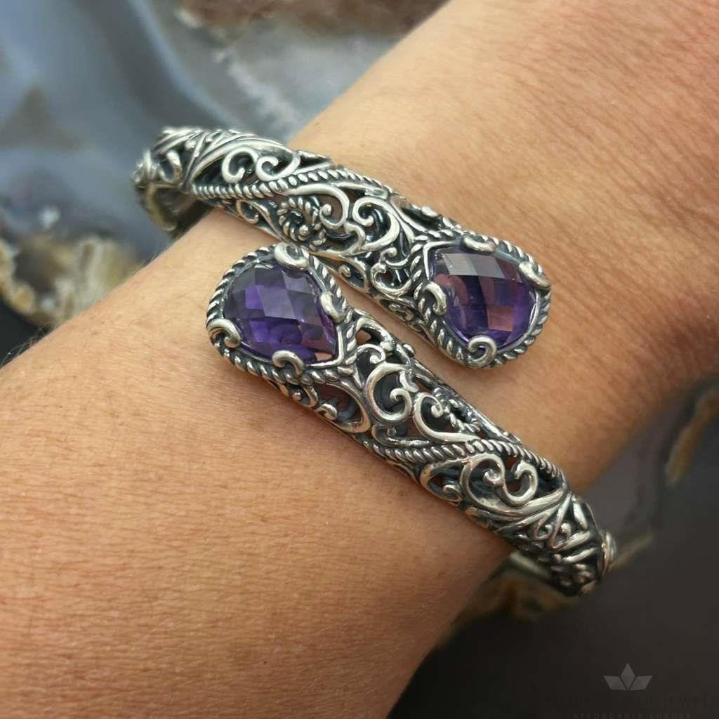 Carolyn Pollack Sterling Silver Faceted Amethyst Overlapping Decorated Hinged Bracelet