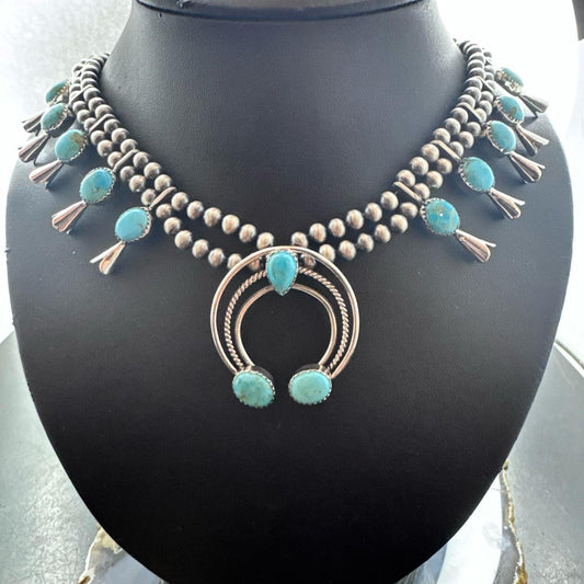 Sterling Silver Southwestern Style Turquoise Squash Blossom 18"-20" Necklace For Women