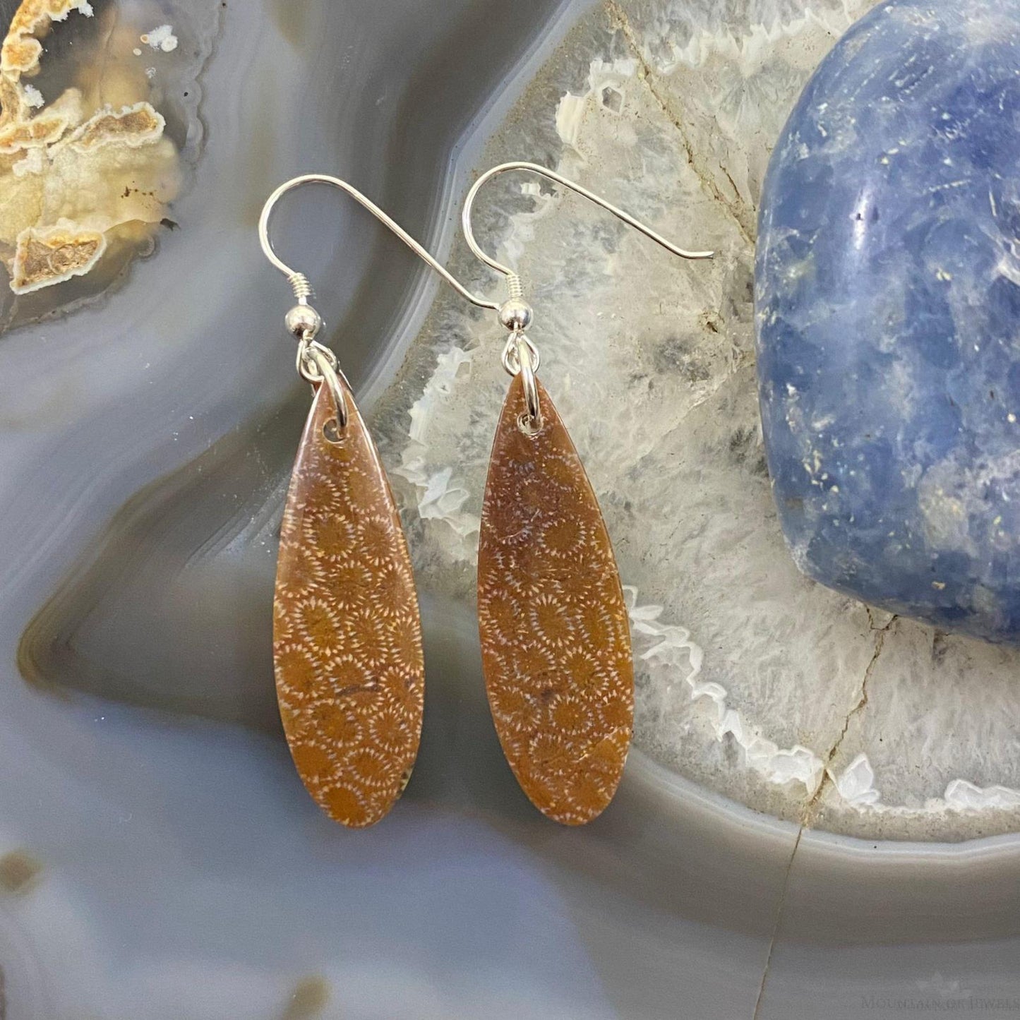 Sterling Silver Teardrop Fossilized Coral Slab Dangle Earrings For Women #052