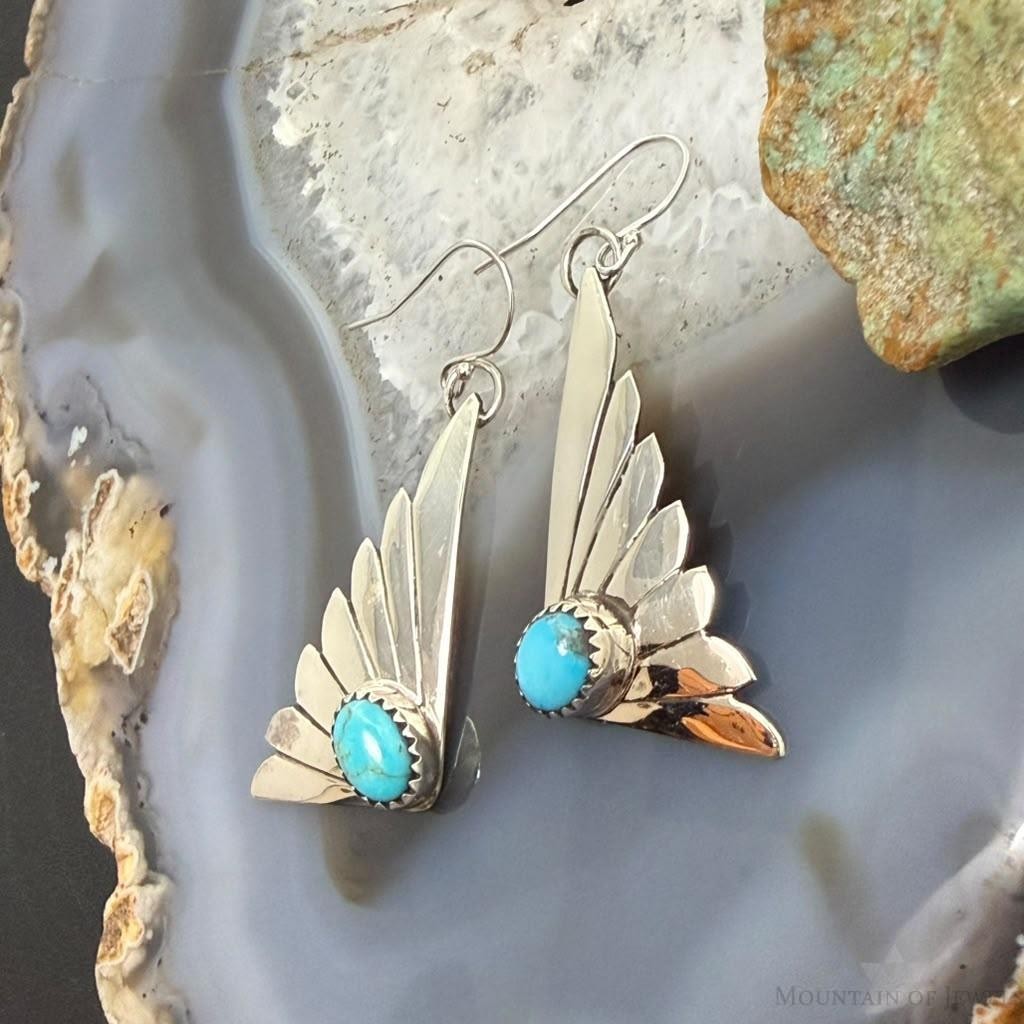 Michael Nez Navajo Sterling Silver Oval Turquoise Cloud Dangle Earrings For Women