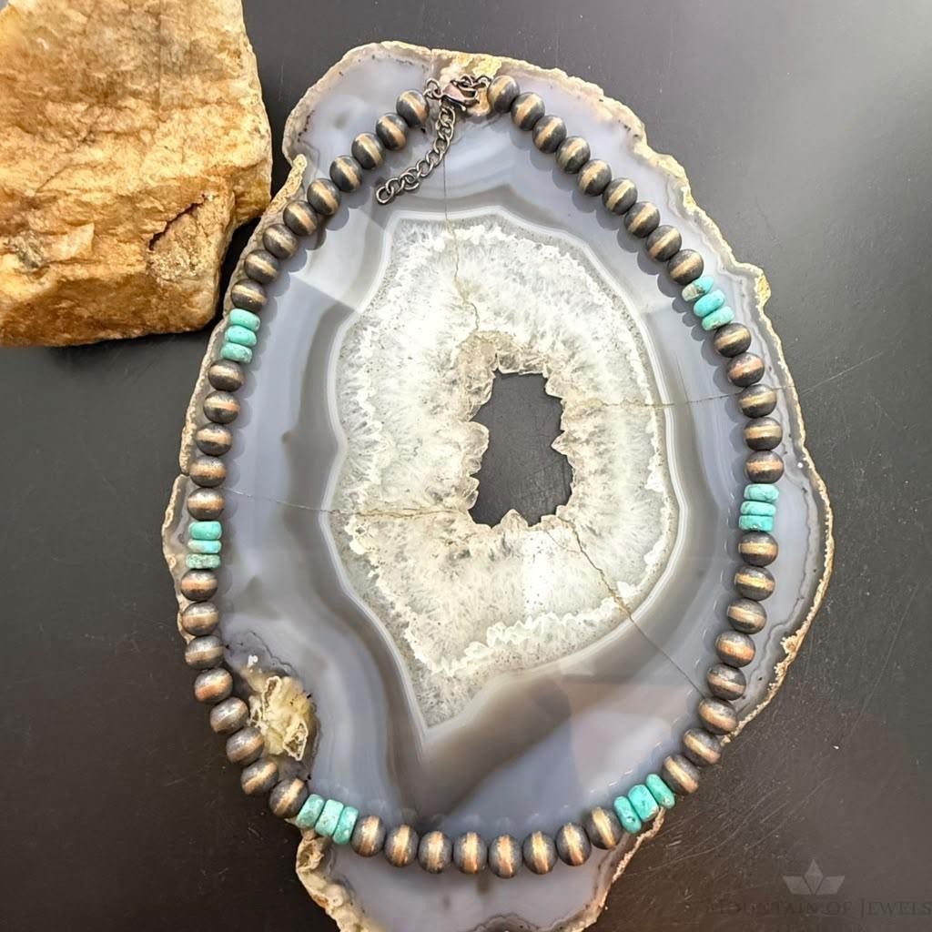 Southwestern Style Copper 8mm Navajo Pearl Round & Turquoise 18"-20" Necklace For Women