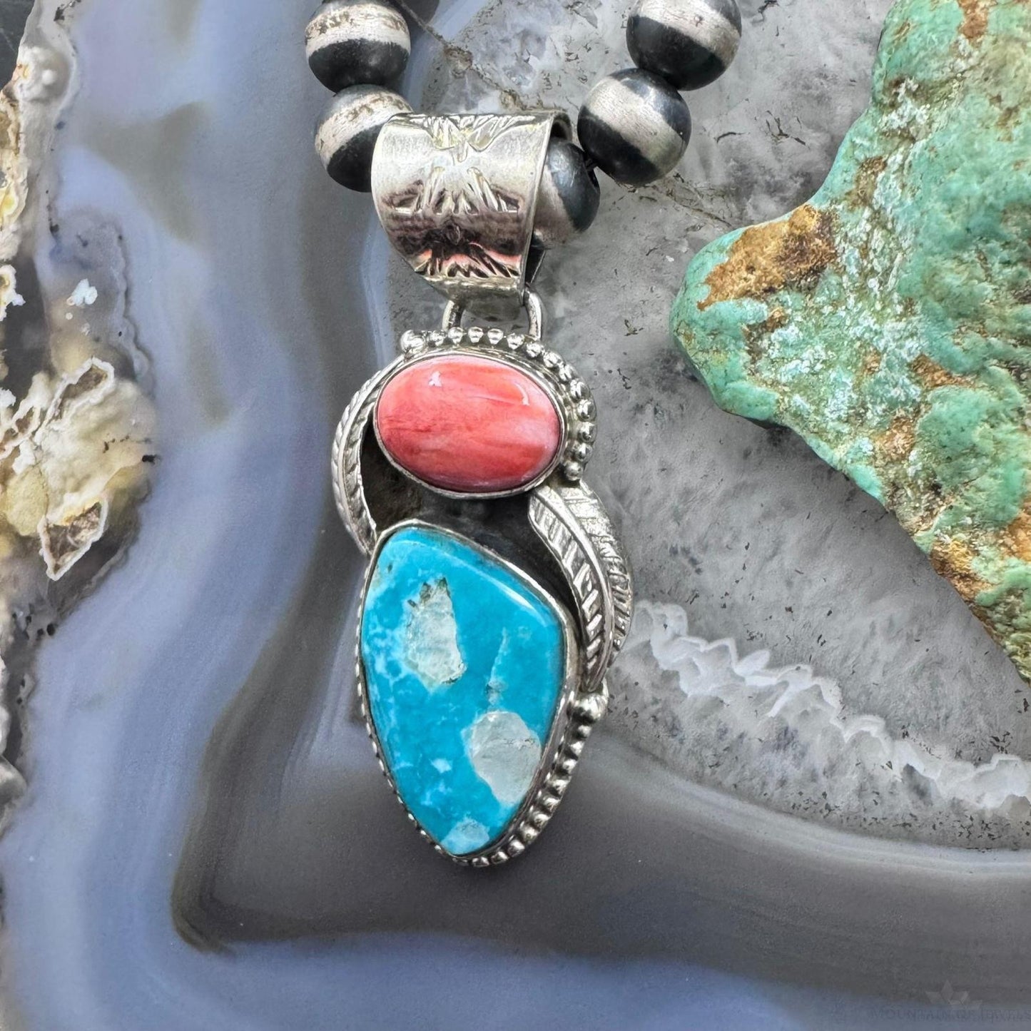 Native American Sterling Silver Oval Orange Spiny Oyster W/Triangular Turquoise Pendant For Women